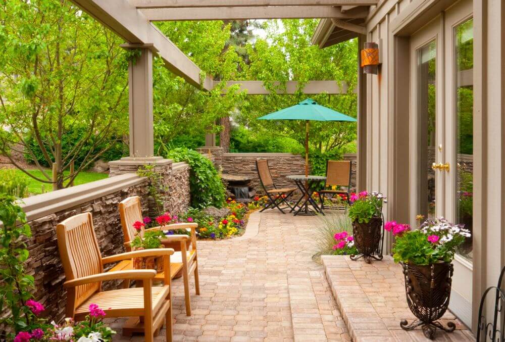 patio with pink and red rose flowers