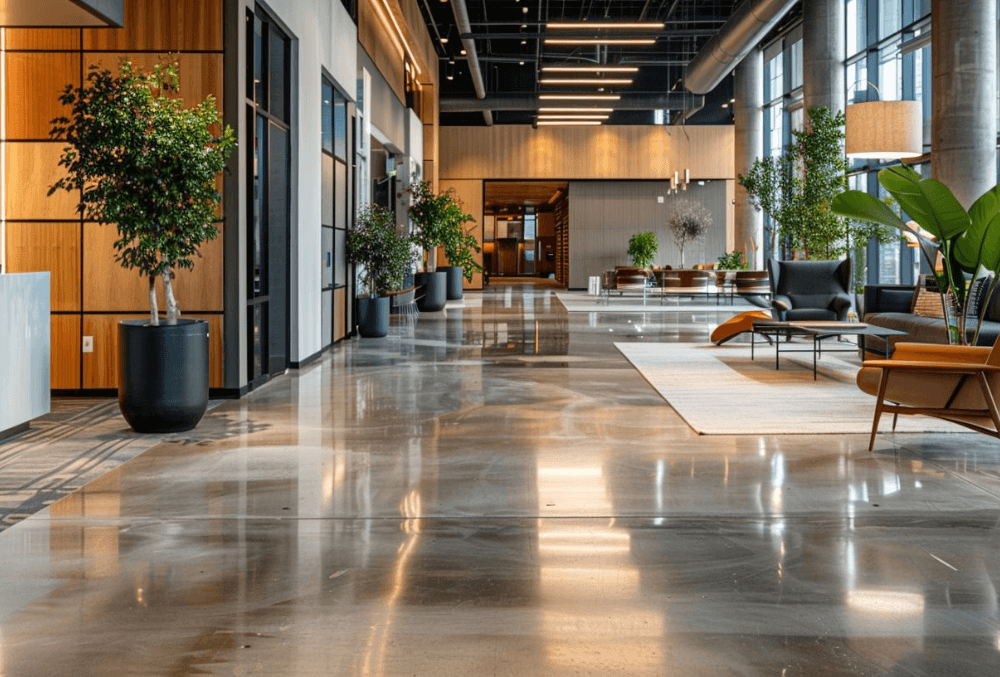Elegant hotel lobby with glossy decorative concrete flooring and stylish furniture.