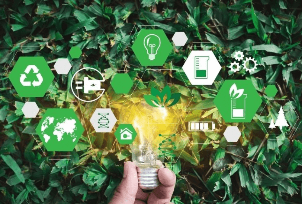 A light bulb symbolizing sustainable living, featuring eco-friendly elements like energy efficiency and environmental consciousness