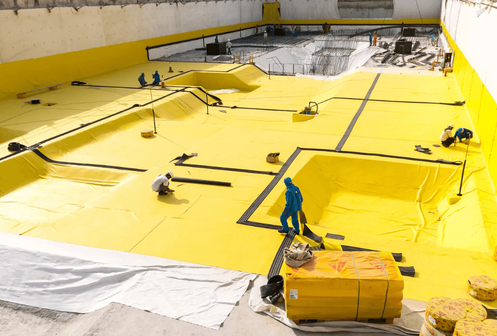 Sheet membrane coatings applied to a surface, providing a protective barrier against water and moisture.