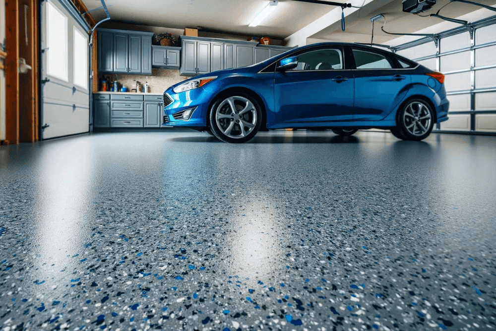 blue car inside the garage