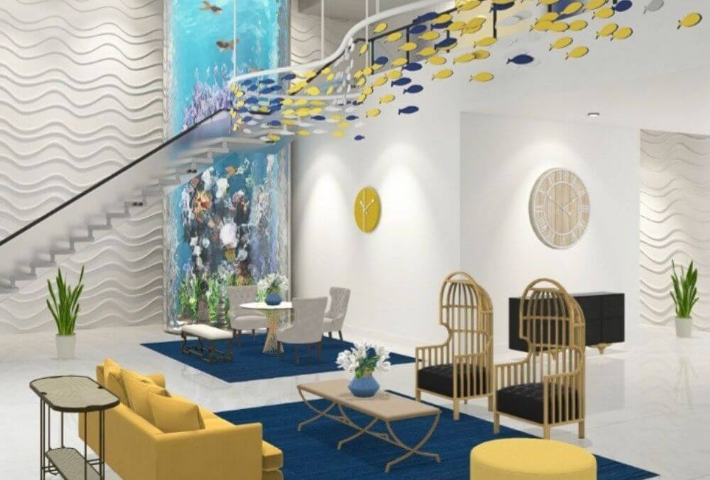 stylish living room area in blue and yellow theme