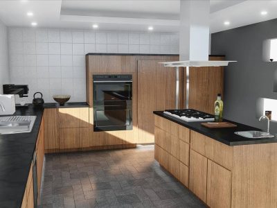 Bright kitchen and dining room with smooth polished concrete flooring and natural lighting.