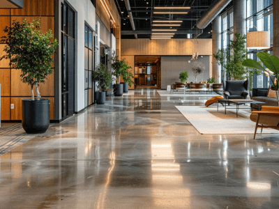Elegant hotel lobby with glossy decorative concrete flooring and stylish furniture.