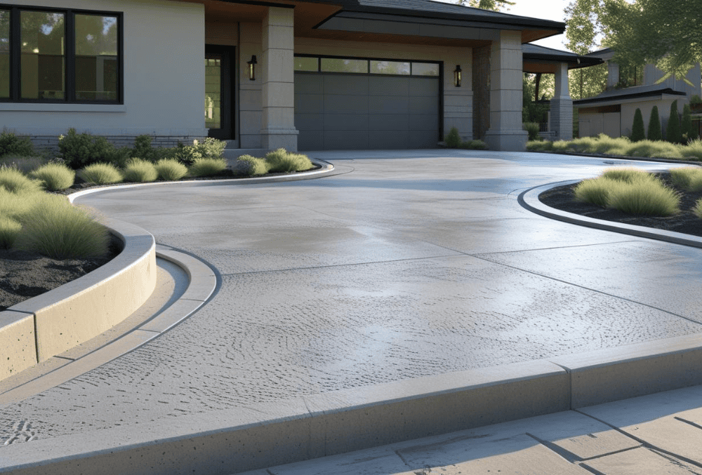 Concrete driveway with curved curb and landscaped lawn