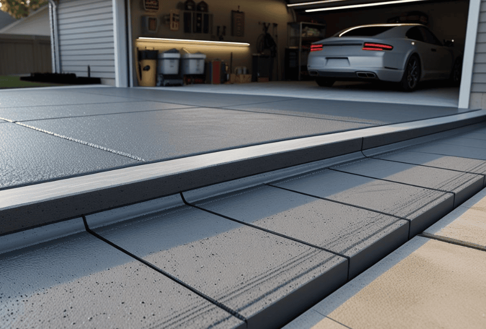 Gray car parked in open garage with smooth concrete driveway and curb detail