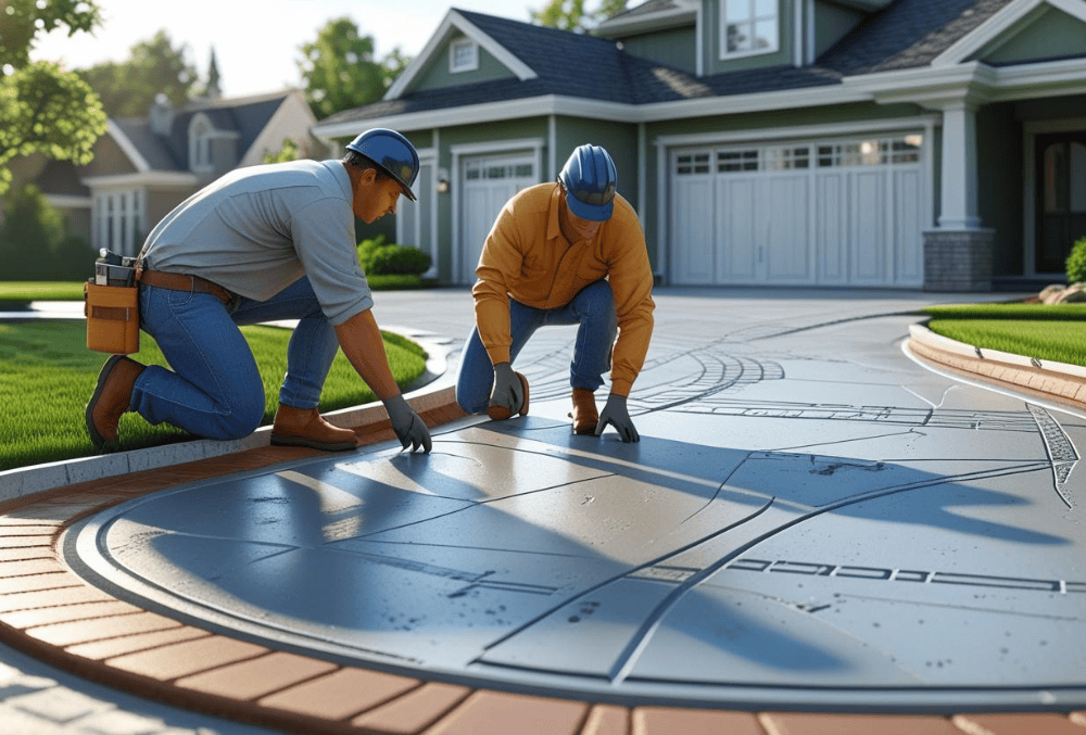 Contractors designing decorative concrete driveway at residential house with lawn