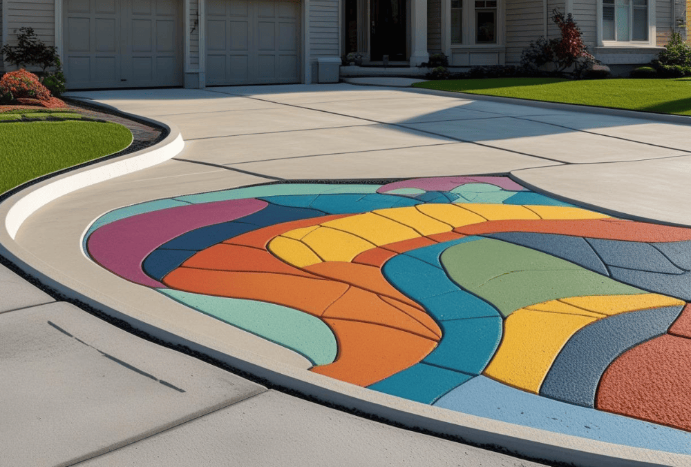 Colorful decorative concrete driveway with curved design, and lawn on a residential house