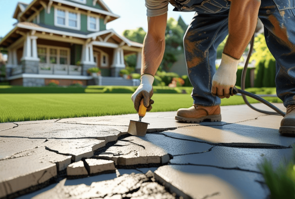 Contractor repairing cracked concrete walkway in residential area